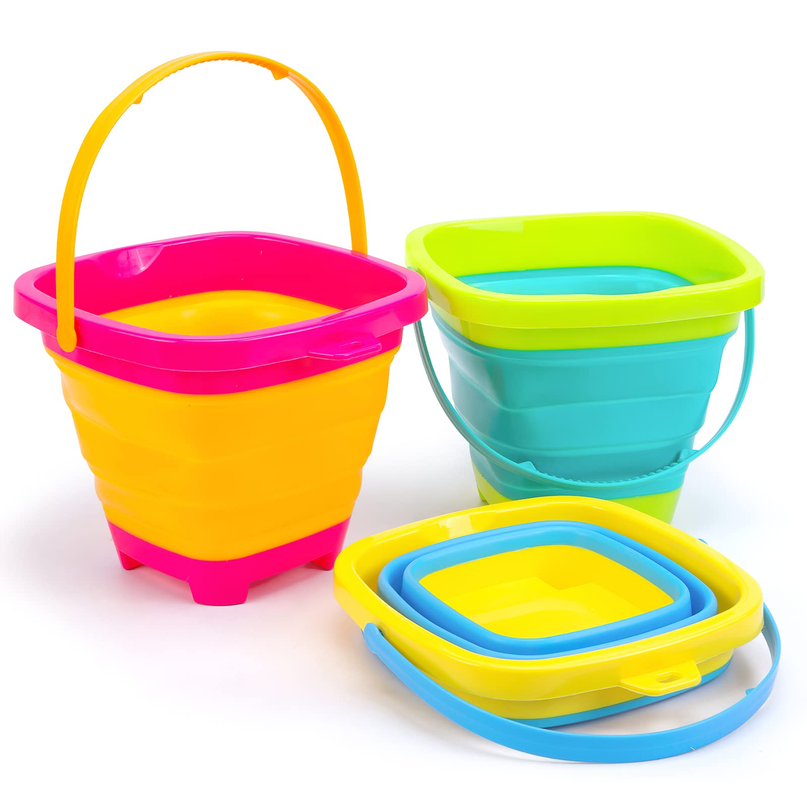 Shindel 3Packs Foldable Beach Bucket Set, 2L Silicone Collapsible Toy Buckets for Kids, Multi Purpose for Fun Summer Activities, Camping Gear, Beach Essentials, Easter Buckets
