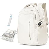 Travel Backpack with 2 Pack Vacuum Bags and Hand Pump, Personal item Backpacks Vacuum Storage Bags for Women Men, Travel Essentials Space Saving Compression Bag for Backpack,Luggage,Suitcase, Beige