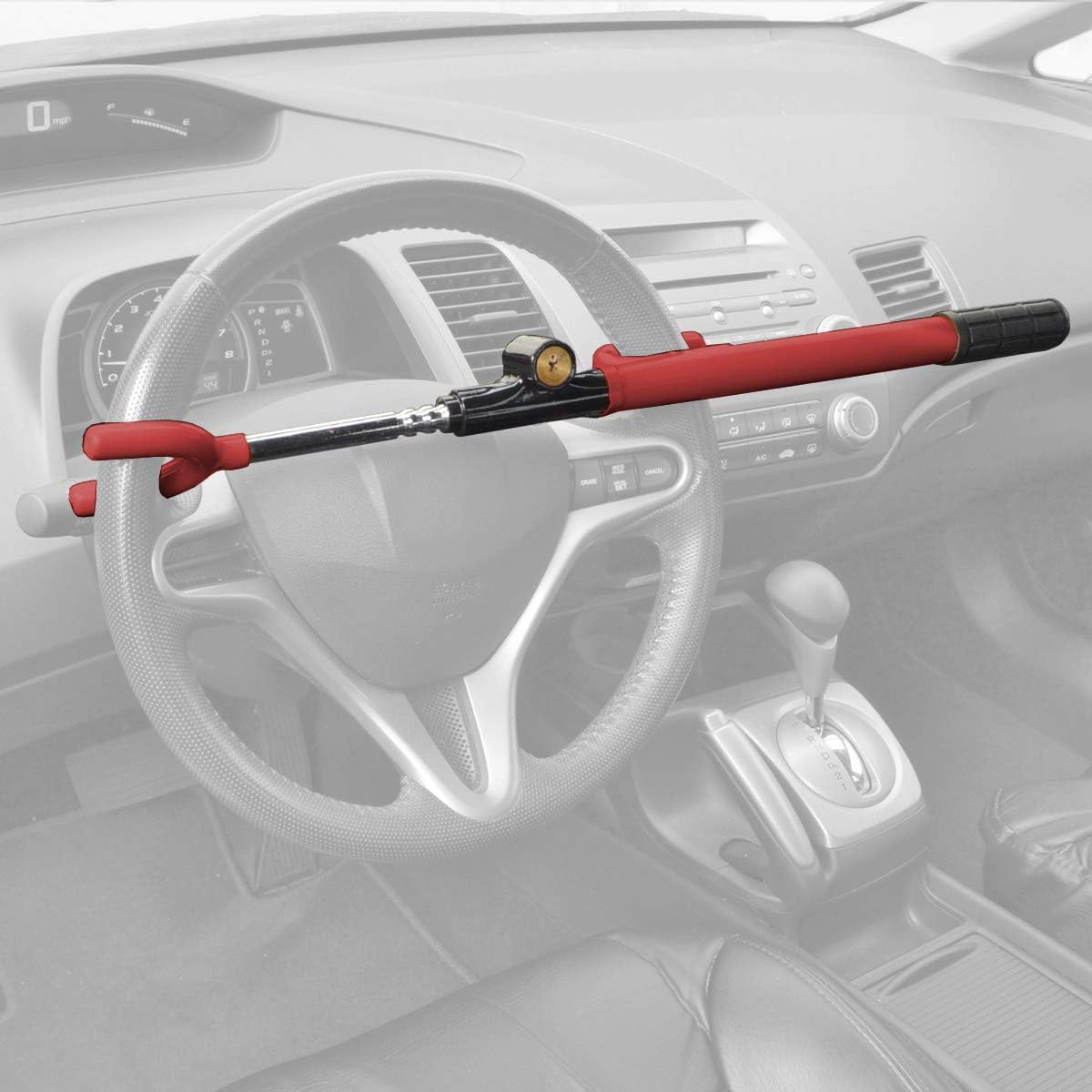 BDK Universal Steering Wheel Lock โ Adjustable Heavy Duty Anti-Theft Locking Device Extra Secure Includes 2 Keys - for Car Truck Van SUVโ Red
