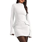 OFEEFAN Women's Fall Long Sleeve Mock Neck Dress Basic Party Club Bodycon Mini Dresses