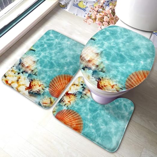 Amazon Com Toilet Rug Set Seashell On Summer Beach Sea Water Non Slip Bathroom Rug Mat Sets Toilet Pad Cover Bath Mat And Toilet Lid Cover Home Kitchen