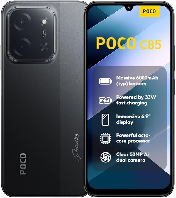 XIAOMI Poco C85, Smartphone 6+128GB, 6,9" 120Hz Display 7,99mm Design, MediaTek Helio G81-Ultra Octa-Core, 50MP AI-Zweifach-Kamera, 6000mAh, Black, Ladegerät Nicht im Lieferumfang enthalten