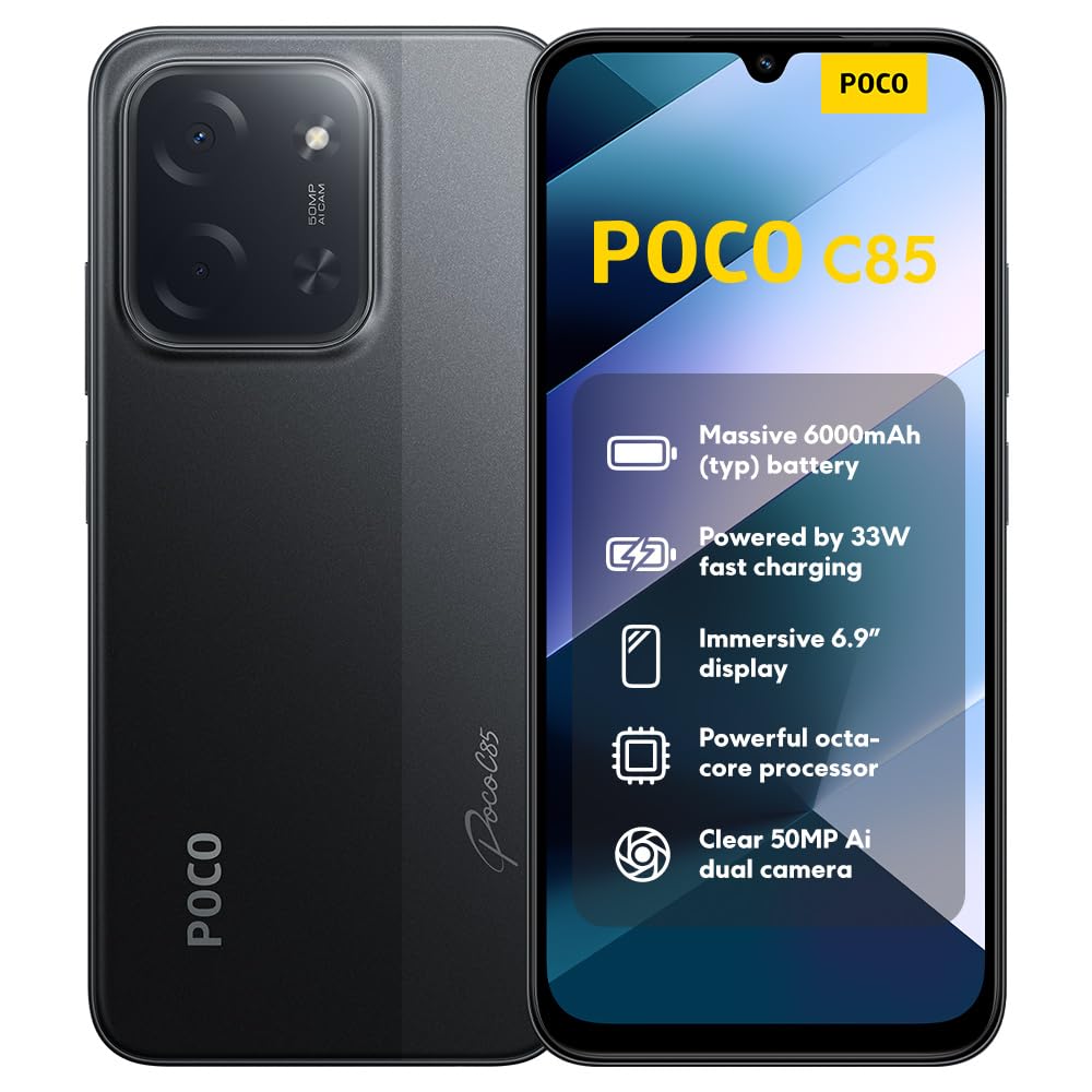 XIAOMI Poco C85, Smartphone 8+256GB, 6,9" 120Hz Display 7,99mm Design, MediaTek Helio G81-Ultra Octa-Core, 50MP AI-Zweifach-Kamera, 6000mAh, Black, Ladegerät Nicht im Lieferumfang enthalten