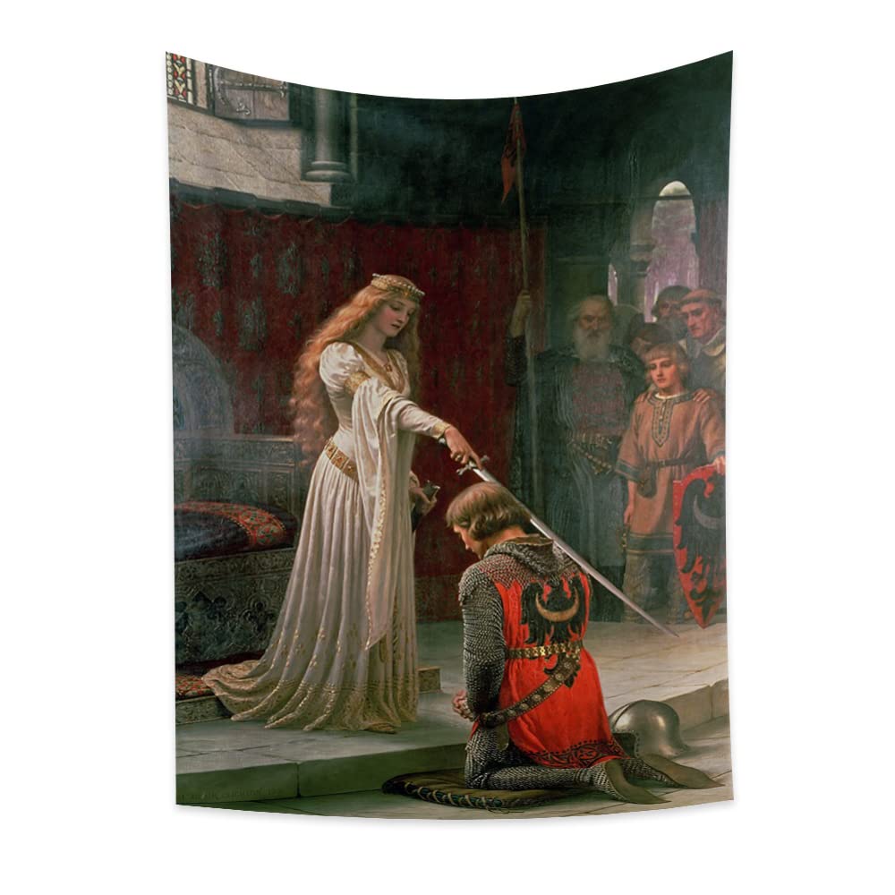 YONGFOTO 180x235cm Knight Oil Painting Tapestry, Medieval England Vintage Renaissance Leighton Tapestry Royal Nobility Queen Princess Prince Cavalier Sword Art Decor for School Library Living Room