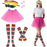 CIEOVO 6 Pcs Halloween Book Character Costume, Rainbow Stripes Costume Set Rainbow Stripes Thigh High Socks Gloves Tutu Skirt and Bow Hair Clip Mask for Women Halloween Cosplay Party Supplies