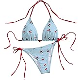 SHENHE Women's String Bikini Set Triangle Halter Swimsuits Cherry Print Cute 2 Piece Bathing Suits