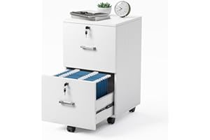 VINGLI 2 Drawer File Cabinet with Lock, Wood Grain White File Cabinets for Letter Size File Folders with Tabs, Mobile Under Desk Filing Cabinets for Home Office, Rolling Filing Cabinet Printer Stand