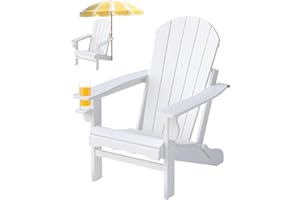 CLOUDEEP Fire Pit Chairs, HDPE Folding Adirondack Chair with Cup Holder and Umbrella Hole, Wood-Texture Outdoor Plastic Adirondack Chairs for Lawn, Patio Garden and Deck, White