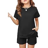Haloumoning Girls 2 Piece Summer Outfits Kids Short Sleeve T-Shirts and Elastic Waist Shorts Clothing Sets