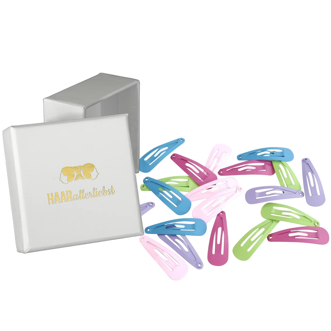 HAARallerliebst Mini Hair Clips (Pack of 20) Pink, Purple, Pink, Green, Blue 3 cm with Box for Storage (Box Colour: White)