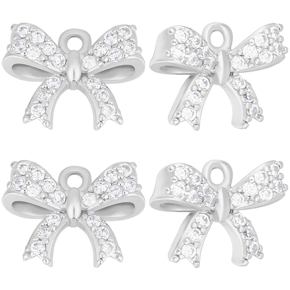 Beebeecraft 1 Box 12Pcs Bowknot Charms Cubic Zirconia Bow Dangle Platinum Color Pendants Charm with Loop Jewellery Making Finding for Necklace Bracelet DIY Craft Supplies (10x13mm)