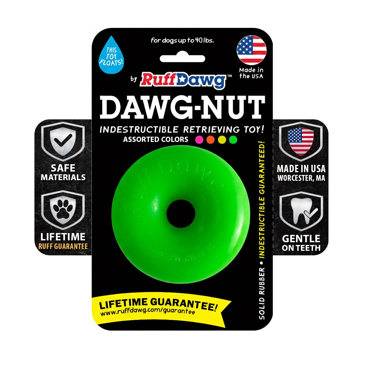 Photo 1 of *MAJOR DAMAGE*
Ruff Dawg Dawg-Nut Medium 3.5” – Heavy-Duty Solid Rubber Donut Dog Chew Toy for Dogs Under 40 lbs – Floats & Bounces – Made in USA – Assorted Neon Colors