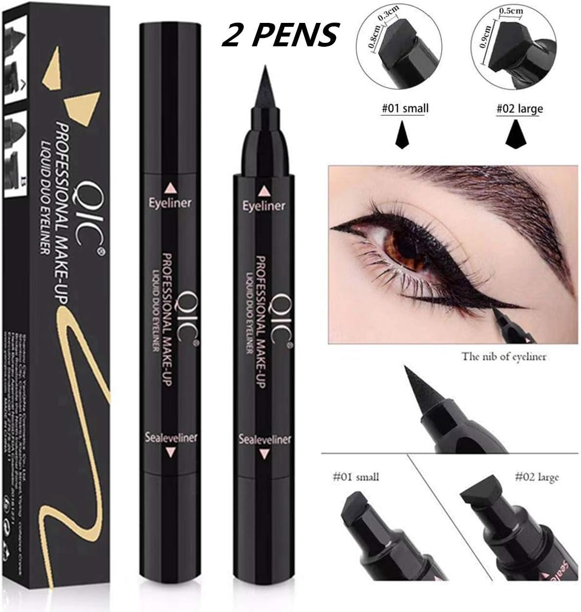 Winged Eyeliner Pencil Stamp Perfect Cat Eye Vamp Liquid Black Quick Flick Wingliner Waterproof Stencil Wing Long Lasting Smudgeproof Natural Smooth 2 in 1 black eyeliner pen (2Pack)