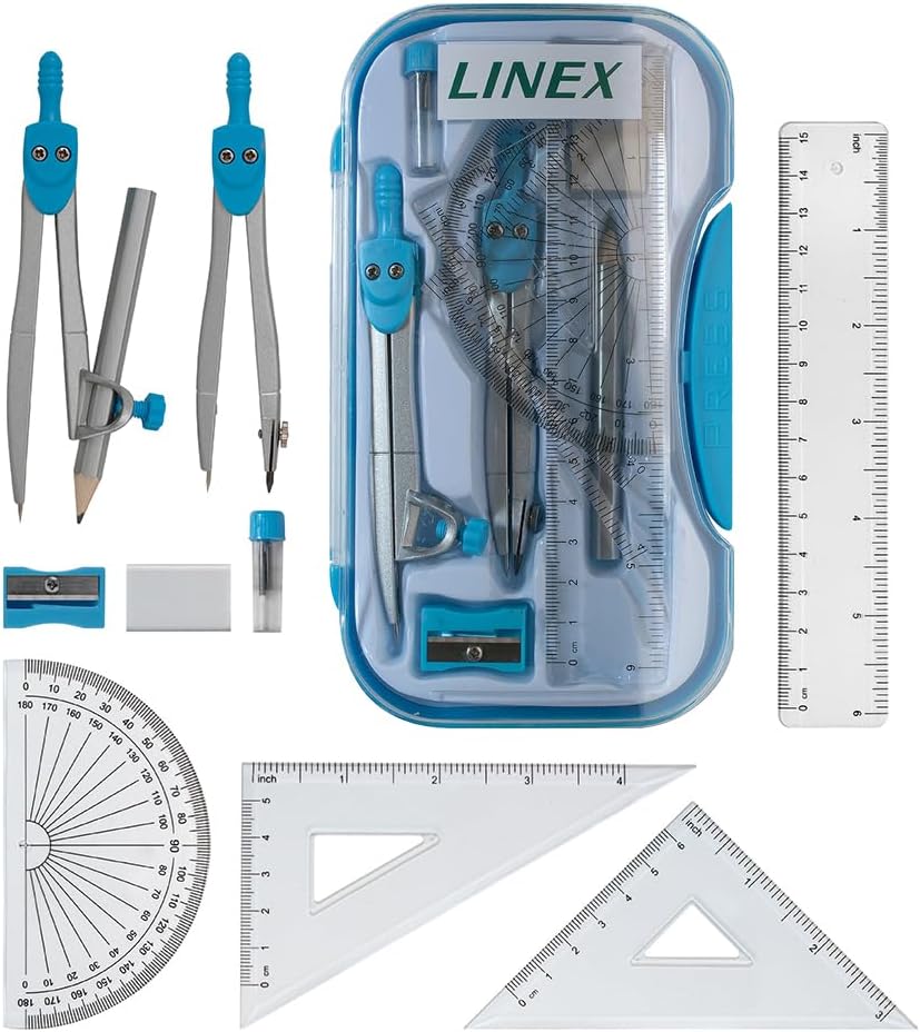 Linex Geometry Set 10-Piece with Self-Centring Compasses Blue Case