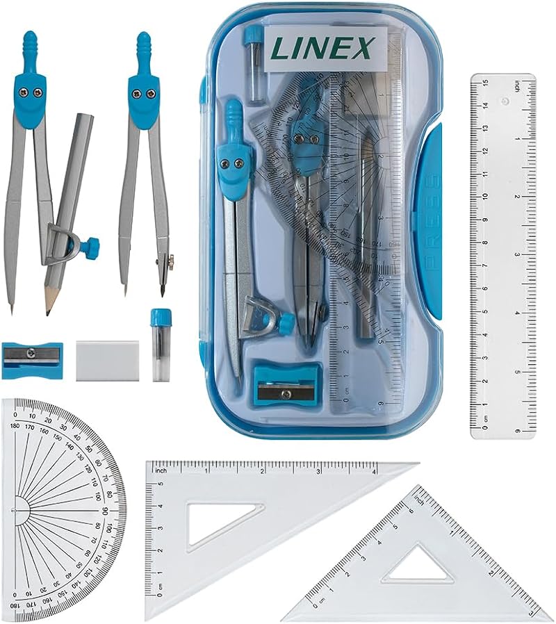 Linex Geometry Set 10-Piece with Self-Centring Compasses Blue Case