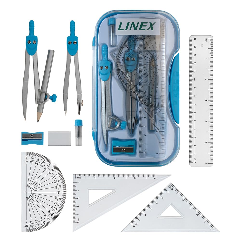 Linex Maths Geometry Set, 10-Piece Exam Kit with Transparent Case, Blue, Includes Self-Centring Compasses, Protractor, Ruler, Set Squares & Eraser