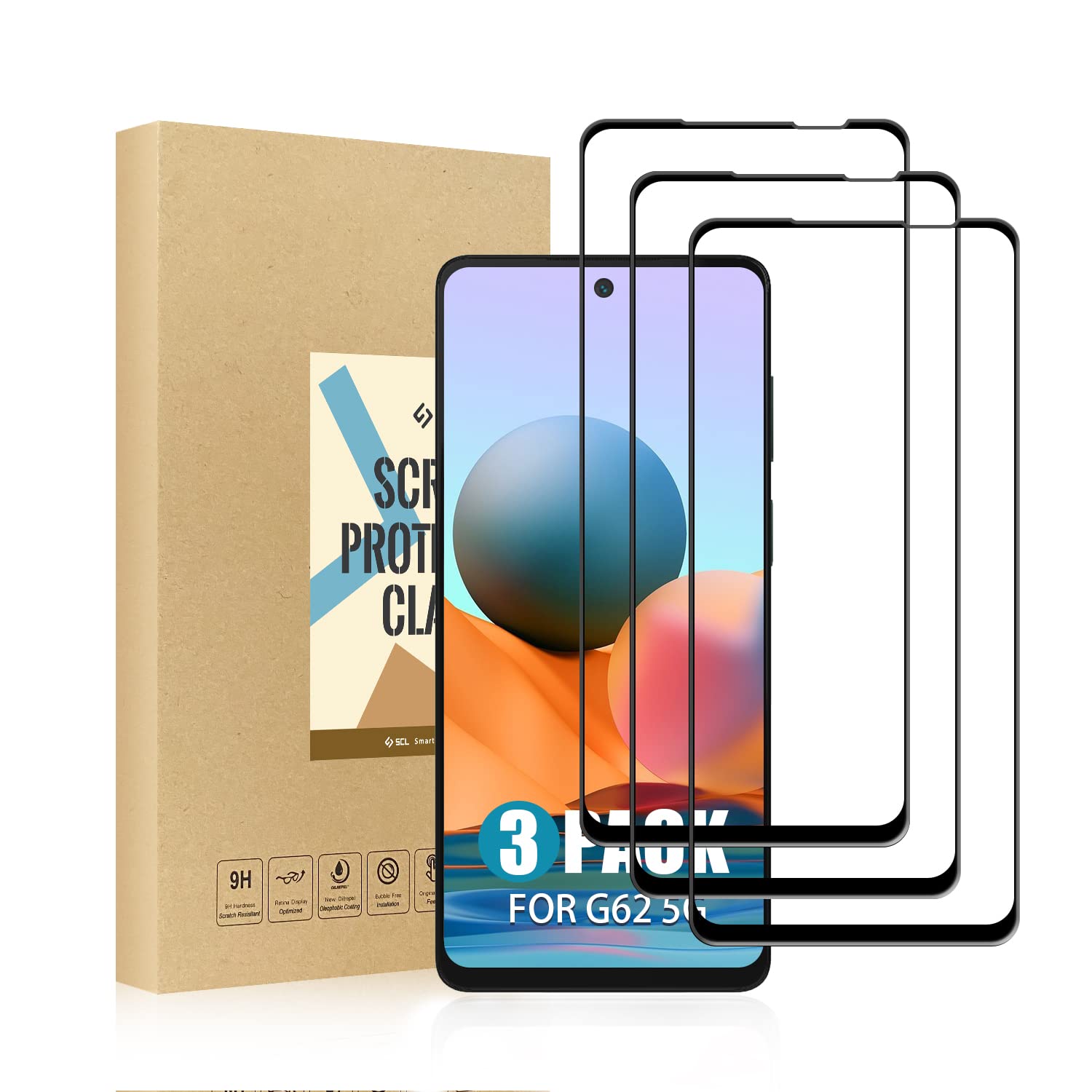 SCL Screen Protector Compatible with Moto G62 Screen Protector Motorola G62 Tempered Glass Film [3-Pack], [Full Coverage, Easy Installation, Bubble-free, 9H Hardness]