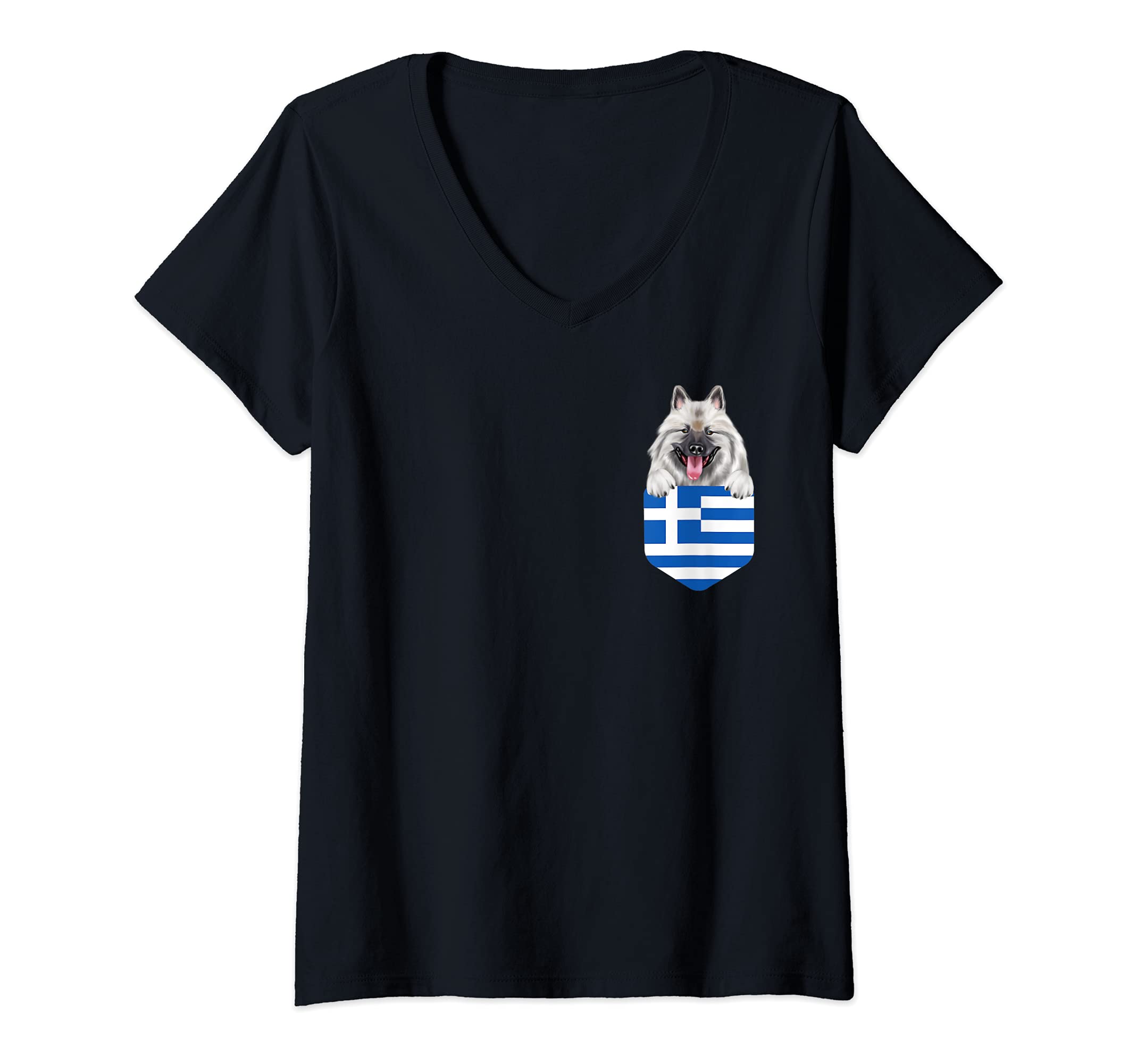 Womens Greece Flag Keeshond Dog In Pocket V-Neck T-Shirt