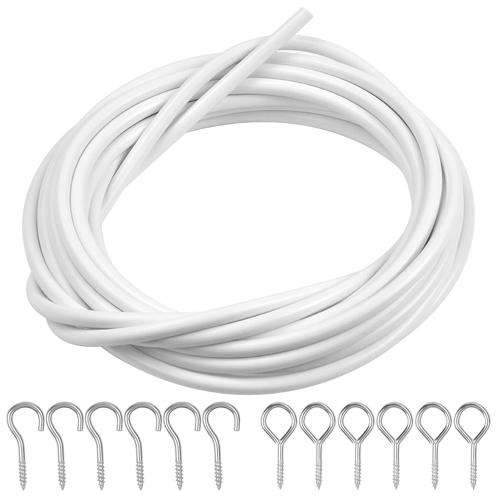 Chstarina 4m Net Curtain Wire White with 6 Hooks and 6 Eyes Hanging Cord Cable Kit Net Curtain Rods Multi-Purpose Voile Wire