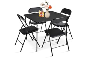 FurnitureR 5-Piece Folding Table and Chair Set, Portable Square Table with 4 Padded Chairs for Dining, Games, Holiday Hosting & Gift-Ready Home Use, No Assembly Required, Black