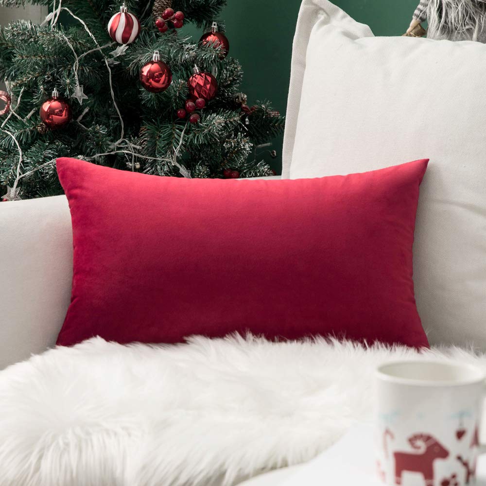 MIULEE Velvet Soft Decorative Square Throw Pillow Case Cushion Covers Pillowcases for Livingroom Sofa Bedroom with Invisible Zipper 12"x20" 1 Piece Scarlet
