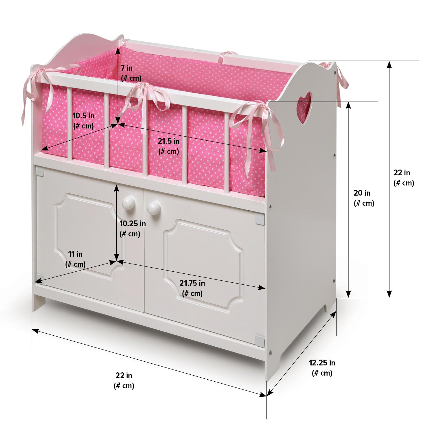 Badger Basket Wooden Baby Doll Crib with Bedding and Storage - Wooden Bed with Blanket, Pillow, and Personalization Kit - Ideal for Baby Dolls and Girl Dolls Ages 3+ - White