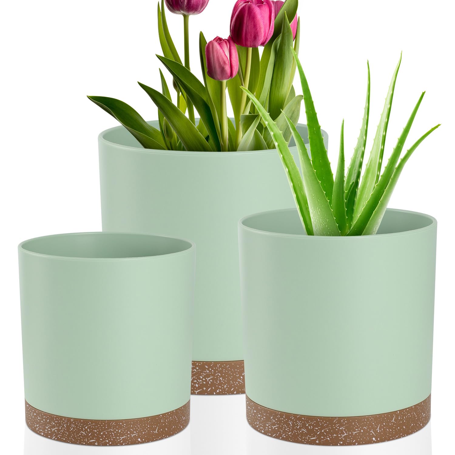 Photo 1 of QRRICA Plant Pots – 6/5/4 Inch Plastic Planters with Drainage Holes and Saucers, Flower Pots for Indoor and Outdoor Plants (Green)