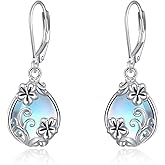 Hibiscus Earrings Sterling Silver Moonstone Leverback Dangle Drop Earrings Flower Jewelry for Women Mom