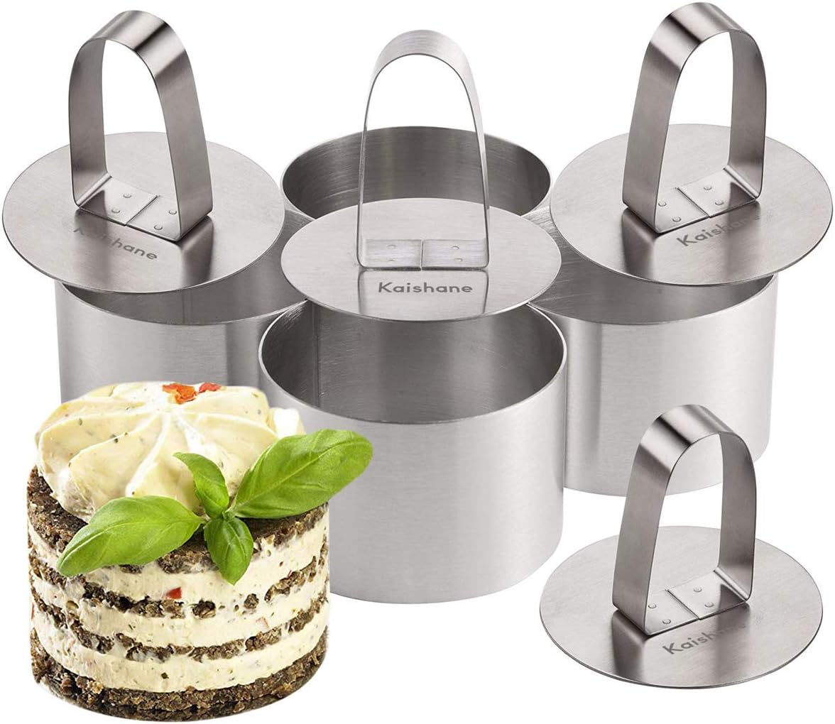 Kaishane Cooking Rings Set with Pusher / 4 Non-Stick Stainless Steel Round Food Rings for Cooking Crumpets Eggs Pastry Mousse Desserts / 8cm Diameter