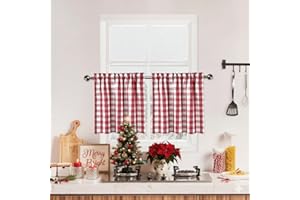 BAPAWFISH Red Burgundy Christmas Buffalo Plaid Check Tier Curtains 24 Inches Long for Kitchen,Gingham Farmhouse Rod Pocket Half Window Cafe Curtains Bathroom for Window, 28" x 24", Red/White, Set of 2