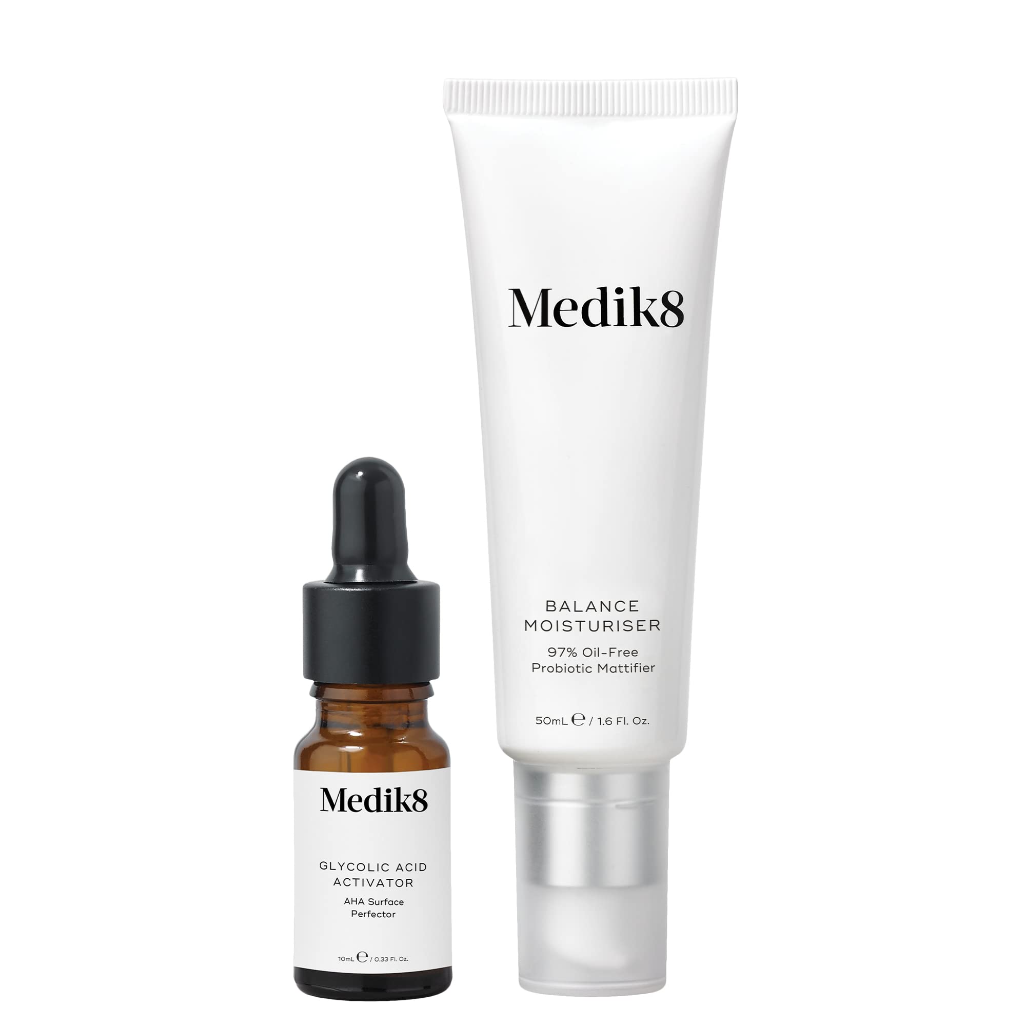 Medik8 Balance Moisturiser & Glycolic Acid Activator - 97% Oil-Free Probiotic Mattifier with AHA Surface Perfector - 50ml & 10ml