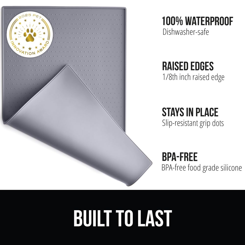 GORILLA GRIP 100% Waterproof Raised Edge BPA Free Silicone Pet Feeding Mat, Dog Cat Food Mats Contain Spills Protects Floors, Placemats for Cats and Dogs Water Bowl, Pets Accessories 18.5x11.5 Gray
