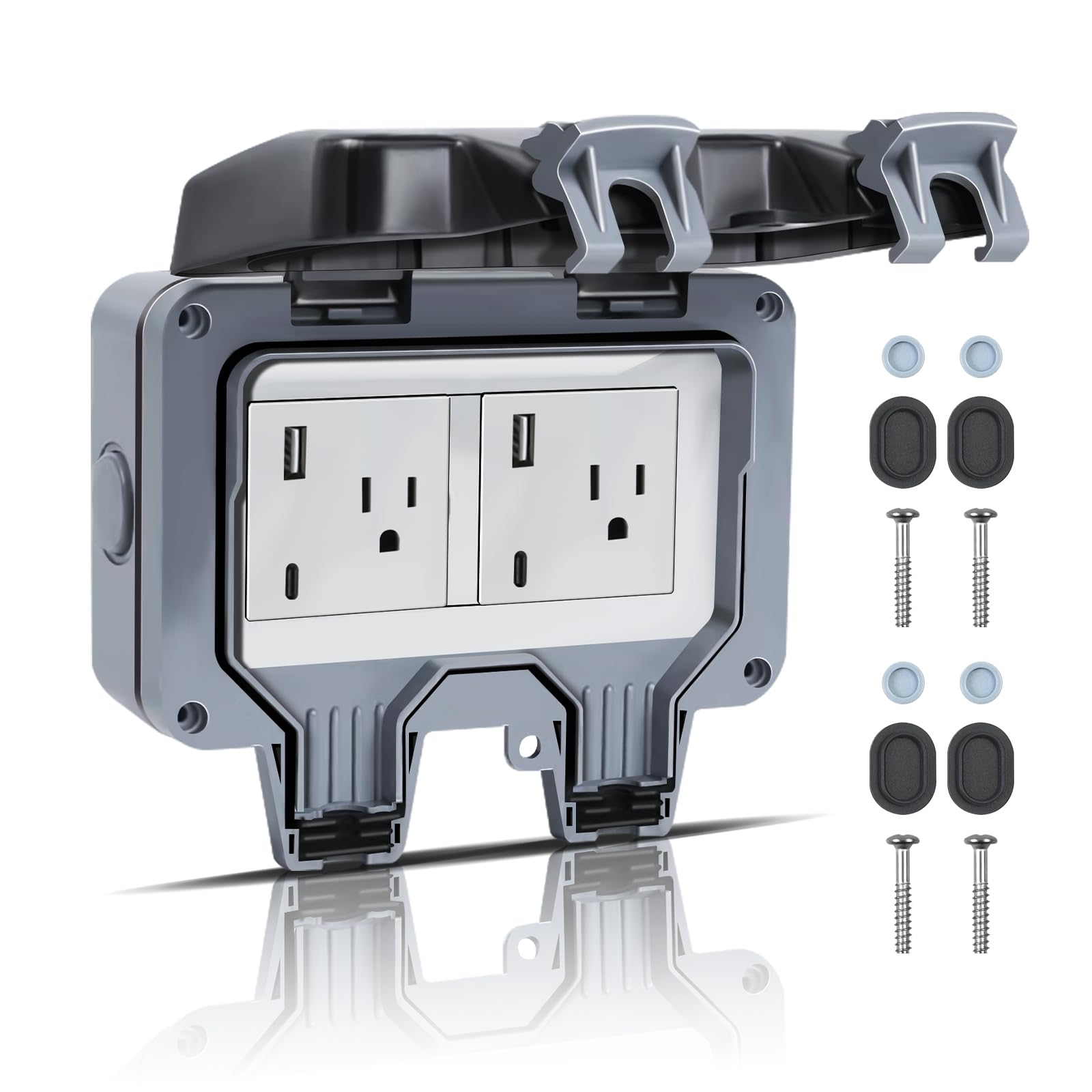 Photo 1 of ZUYIYI Outdoor Power Outlet IP66 Waterproof Power Socket, 15A 110-250V Outdoor Plug Socket with Type C & USB Ports, Lockable Electrical Outlet with Clear Cover for Garden Outdoor Indoor Wall