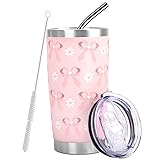 Tkifoda Pink Bow Tumbler with Lid and Straw, 20 oz