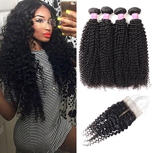 Mink Hair Brazilian Curly Hair Bundles with Closure (16 18 20 22+14) 8A Unprocessed Virgin Kinkys Curly Human Hair with Middle Part Lace Closure with Baby Hair Natural Color