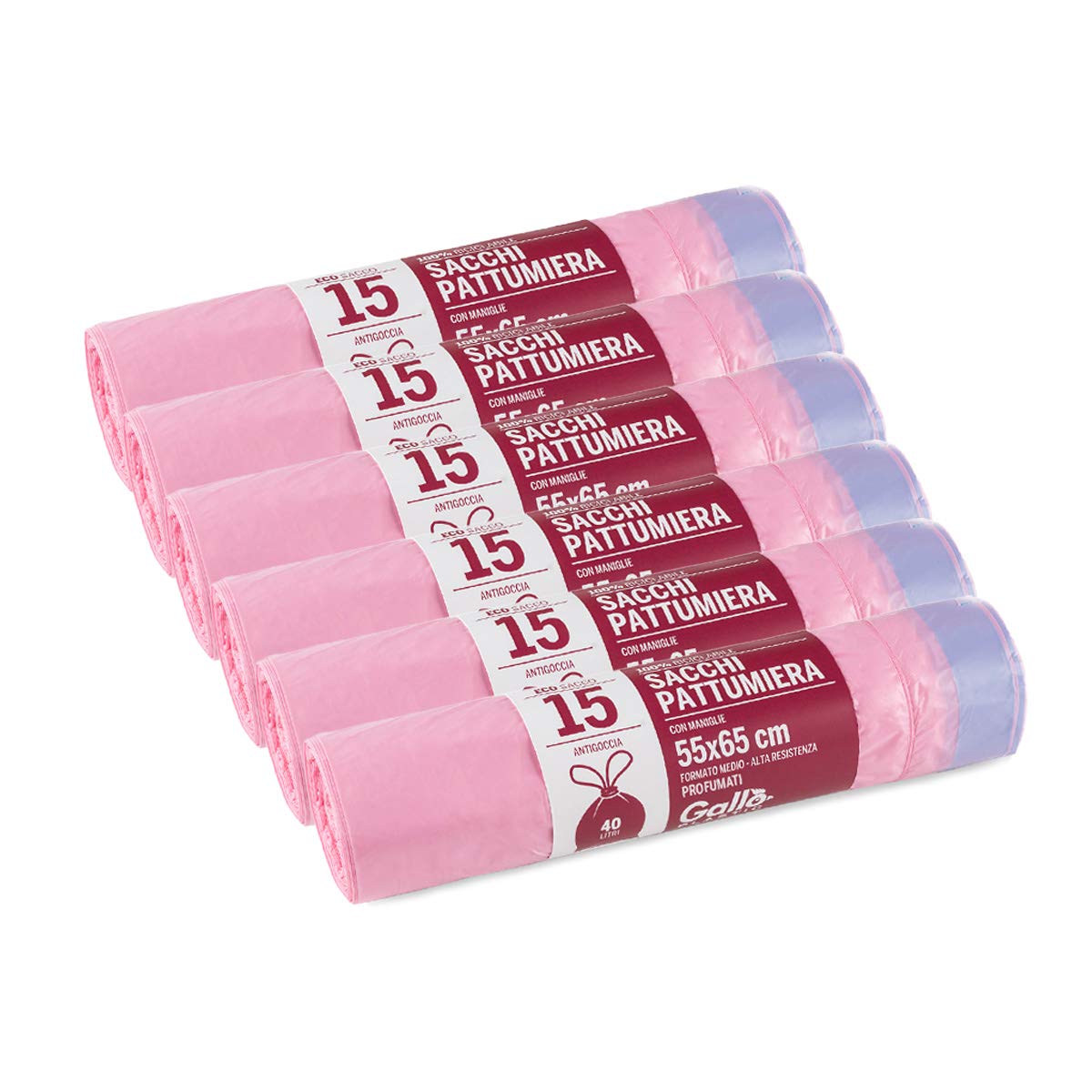 Gallo, Bin Liners, Rolls of 15 Bags, Kit of 6 Rolls, 55 x 65 cm, Pull and Close Handles, Pink