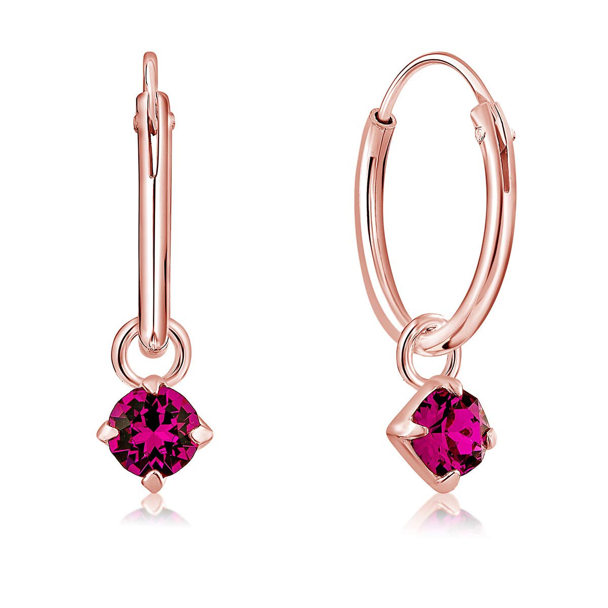 DTPsilver® 925 Sterling Silver Rose Gold Plated SMALL Hoops Earrings & Round Dangling 3 mm Crystals from Swarovski® Elements - Thickness 1.2 mm - Diameter: 12 mm - Colour : Fuchsia
