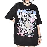 RILGOU Y2K Harajuku Kawaii Goth Casual Style Soft Short Sleeve Crewneck Cartoon Print Distressed Bunny Toy T-Shirt