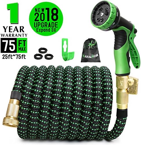 NAYAHOSE 75ft Expandable Garden Hose, Expanding Water Hose with 3/4 inch Strong Solid Brass Connector, 9 Function Expandable Hose Nozzle Flexible Expanding Lightweight Gardening (green)