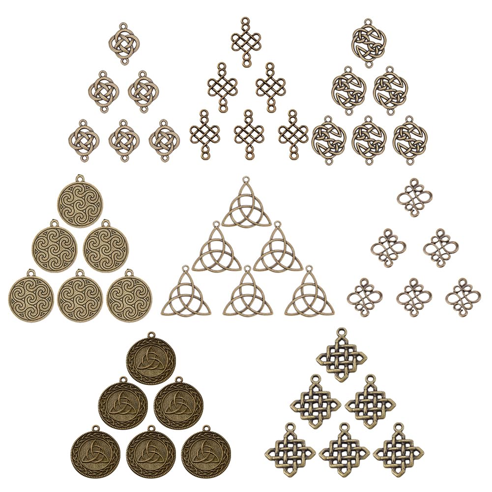 SUNNYCLUE 1 Box 48Pcs 8 Styles Celtic Knot Charms Pagan Chinese Knot Flower of Life Connectors Chakra Tibetan Style Alloy Hollow Pendants for Crafts Supplies, Antique Bronze