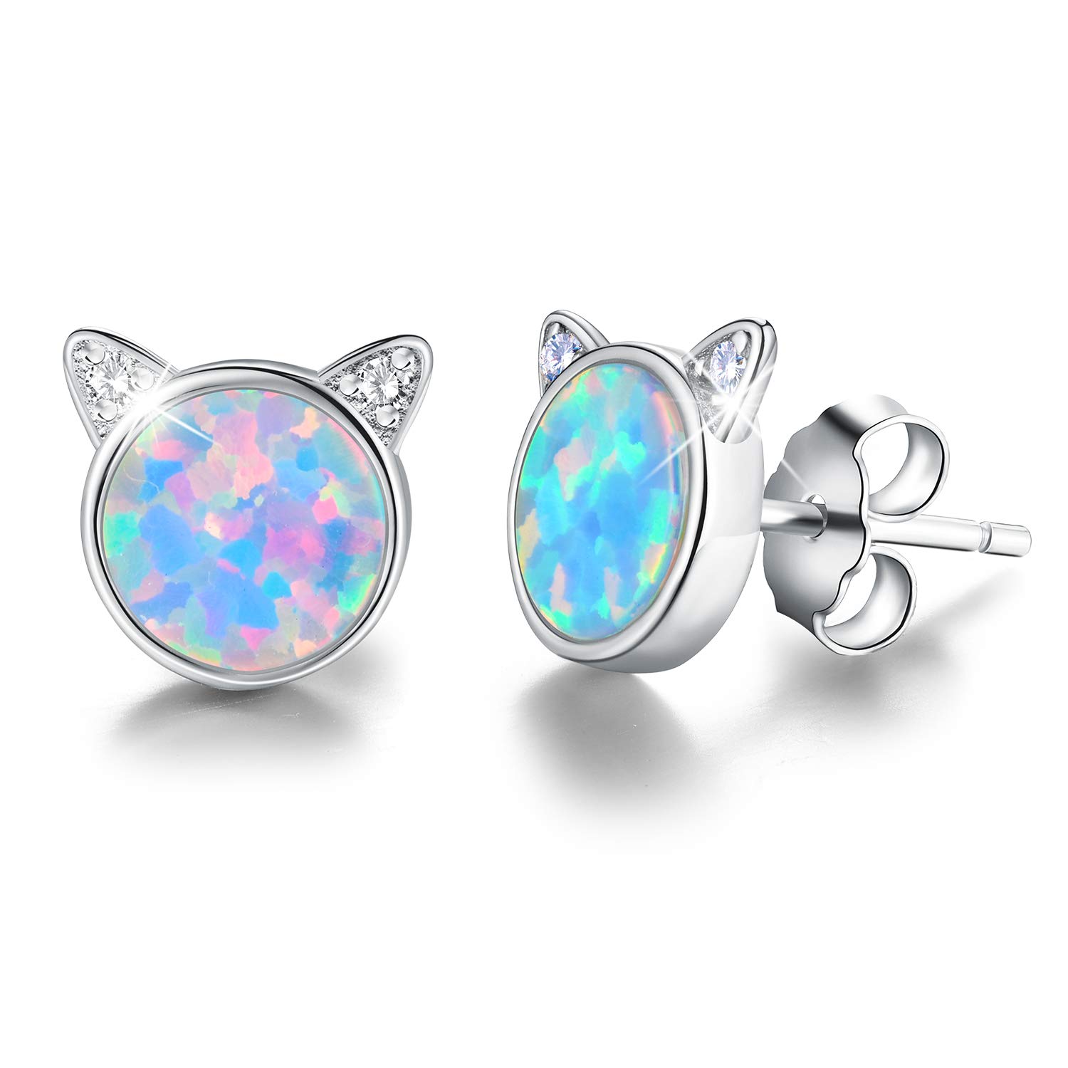 Gift for Christmas Esberry 18K Gold Plating 925 Sterling Silver Opal Cat Stud Earrings Cute Cat with Natural Stone Hypoallergenic Earrings for Women and Girls (White Gold-Blue Opal)