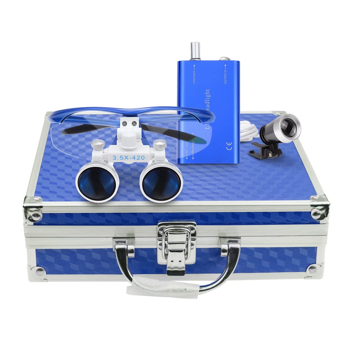 3.5 x 420mm Working Distance Surgical Binocular Loupes Optical Glass with LED Head Light Lamp and Aluminum Box Blue by Hot Dental