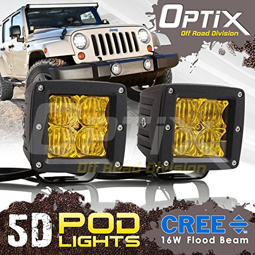 Optix 2x 16W 5D CREE LED Driving Light Bar Flood Fog Pod Lights Yellow Headlight - Universal Mount 4" Cube Light IP 67 Waterproof - For Off-road Jeep, Truck, ATV, SUV, UTV, 4WD, Boat