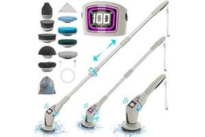 Minlebao 10-in-1 Electric Spin Scrubber for Cleaning, Voice Broadcast Rechargeable Power Scrubber, Aquarium Cleaner, Cordless Shower Cleaner Brush for Tile/Bathtub/Floor/Shoes/Car-Light Gray