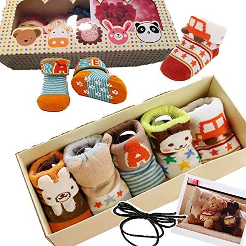 Yaobaby 5pairs Animal Non-Skid Slip Toddler Socks Cotton Unisex Baby Crew Sock 3-18 months With Box + Gift Card + Hair rope (baby boy)