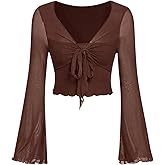 GORGLITTER Women's Bell Sleeve Sheer Mesh Top Tie Front Lettuce Trim V Neck Spring Trendy Dressy 2026 Work Shirts