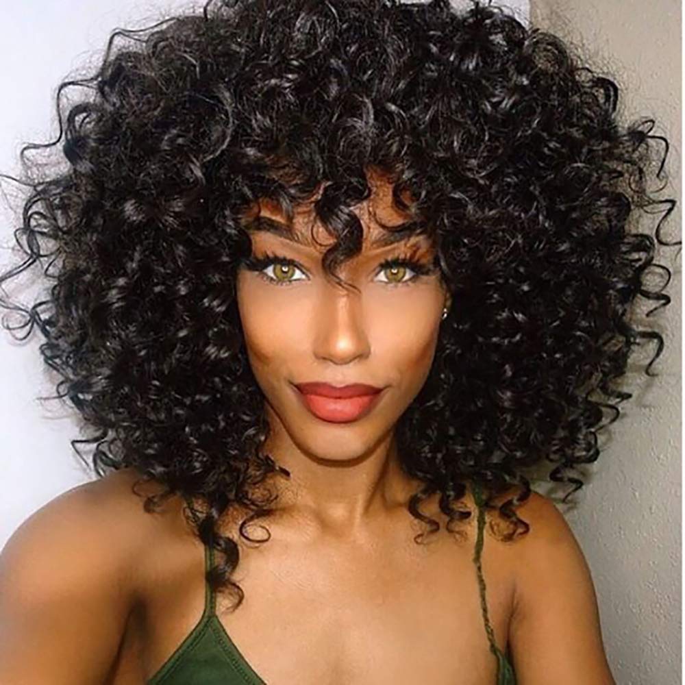 YEESHEDO Afro Curly Wig with Bangs Black Wigs Kinky Curly Heat Resistant Synthetic Shoulder Length Wig for Women Full Wigs for Daily Cosplay Halloween — image 1