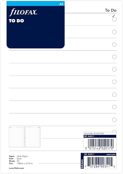 Filofax To Do White A5 Refill 25 Leaves 148mm x 210mm Six Hole