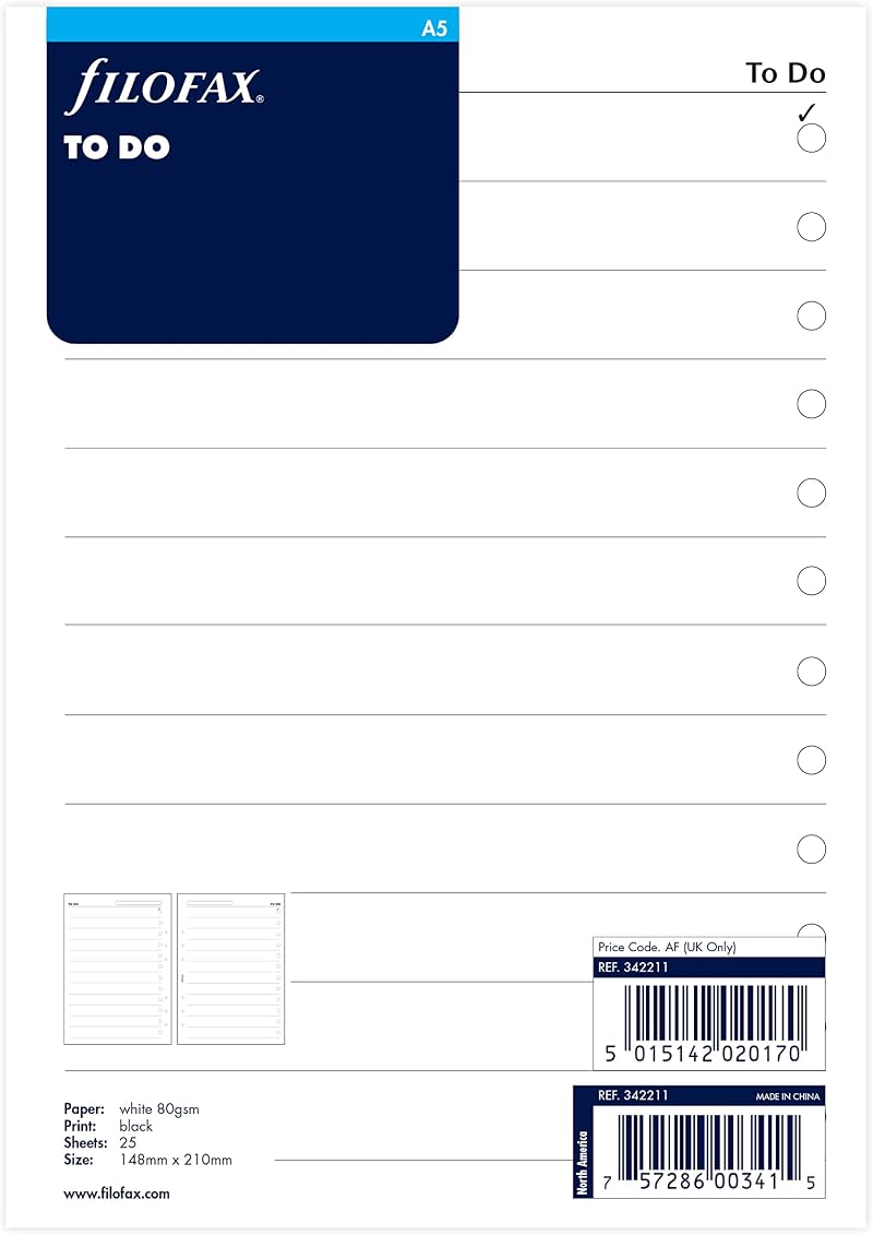 Filofax To Do White A5 Refill 25 Leaves 148mm x 210mm Six Hole