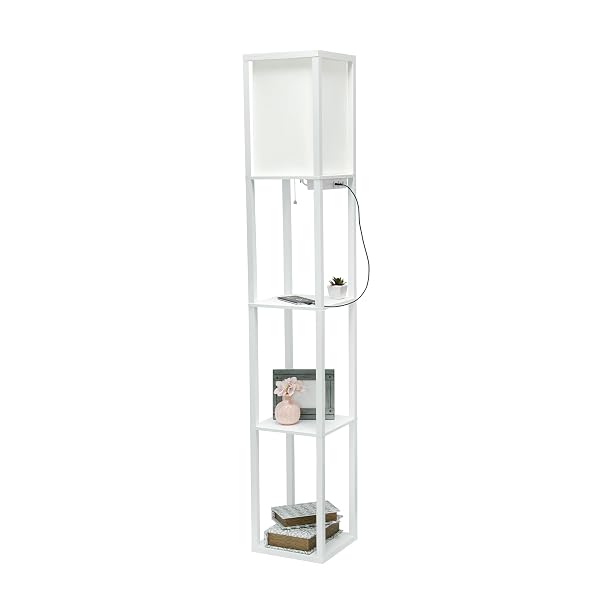 SIMPLE DESIGNS LF1037-WHT-CCLB 62.5″ THREE SHELF ETAGERE ORGANIZER STORAGE FLOOR LAMP WITH 2 DUAL USB PORTS AND CHARGING OUTLET, WHITE, WITH COLOR CHANGING LED BULB INCLUDED